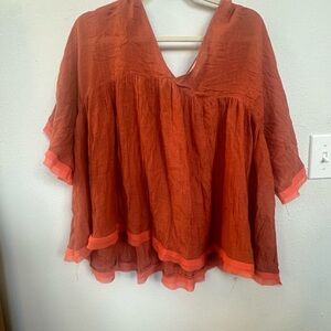 Impressions Rust and Coral V-Neck Blouse